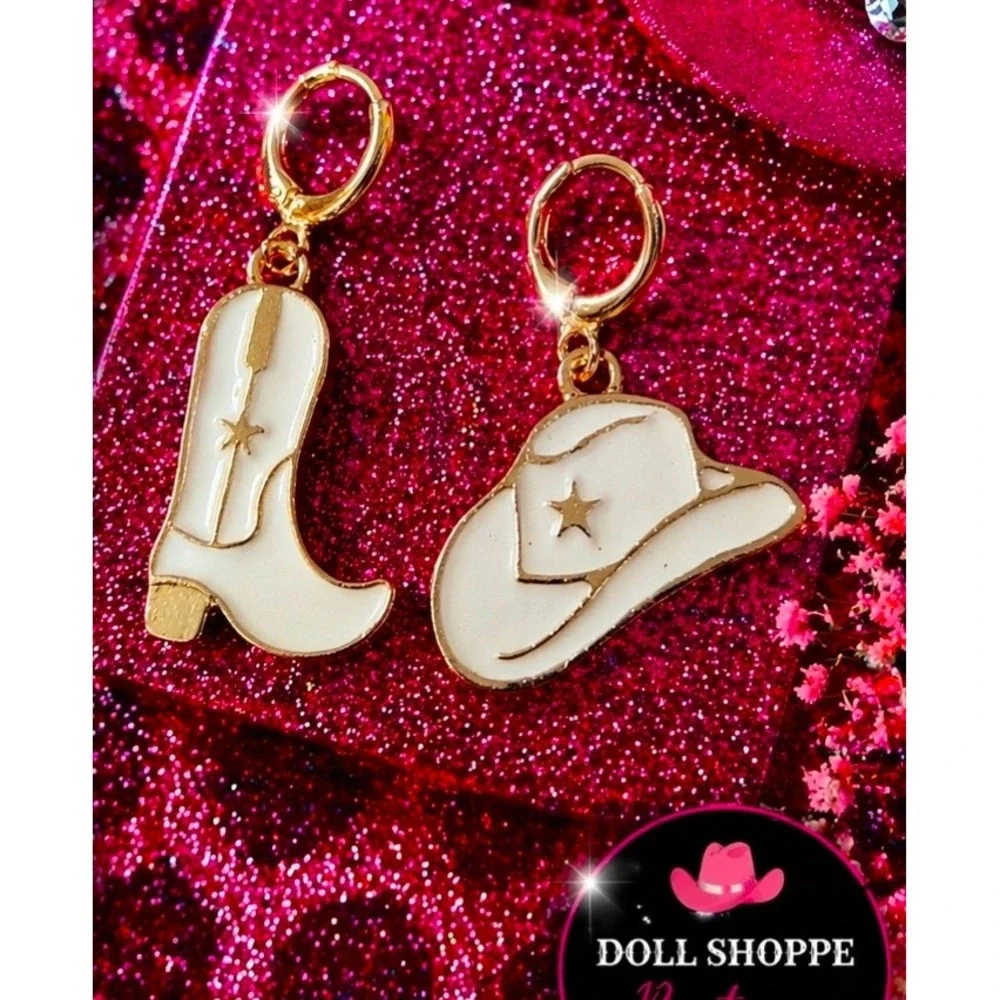 Western Ivory Cowgirl Earring Charm Set | Gold Tone Hat & Boot Clip-On Charms